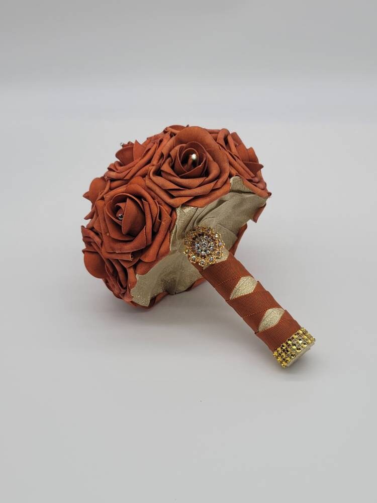 Burnt Orange And Gold Boutonnieres And Corsages, Available In 26 Colors, Corsages Available In Pin On And Wrist,Matching Bouquets Available