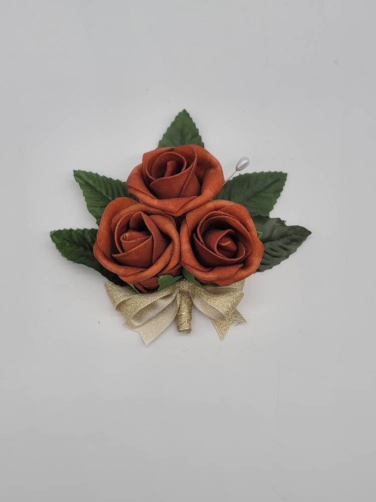 Burnt Orange And Gold Boutonnieres And Corsages, Available In 27 Colors, Corsages Available In Pin On And Wrist,Matching Bouquets Available
