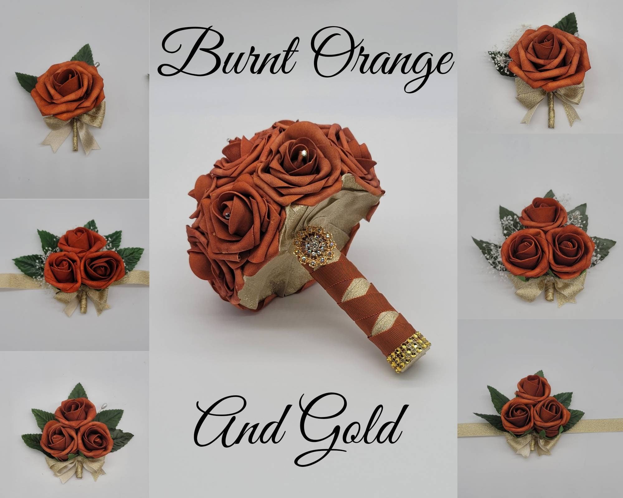 Burnt Orange And Gold Boutonnieres And Corsages, Available In 26 Colors, Corsages Available In Pin On And Wrist,Matching Bouquets Available