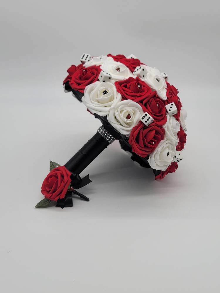 Las Vegas Wedding Red and Black Boutonnieres and Corsages with Card Suites, Matching Bouquets Available, Destination Weddings