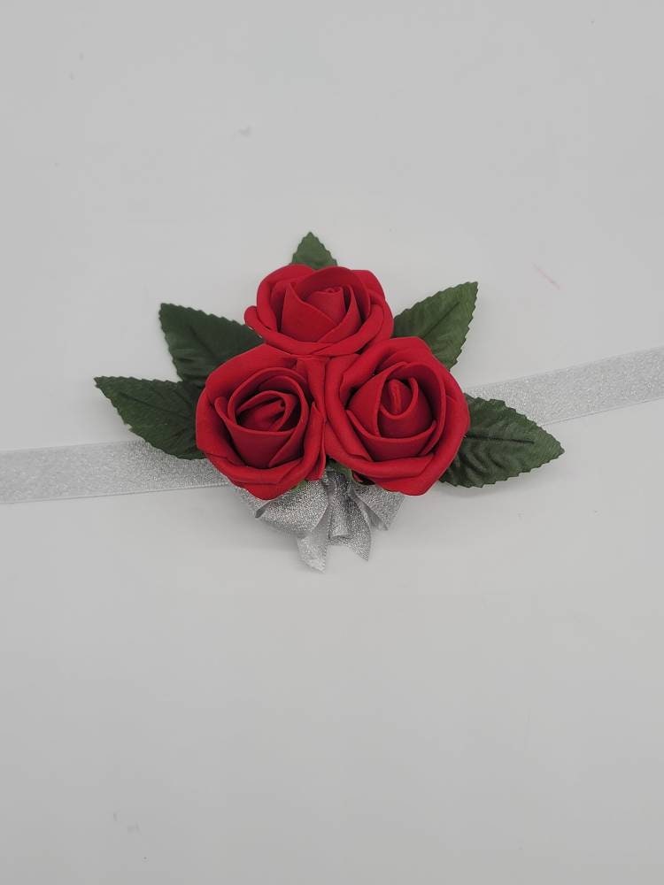 Red,white, and Silver Corsages and Boutonnieres Available In 27 Colors, Corsages Available In Pin On And Wrist, Matching Bouquets Available