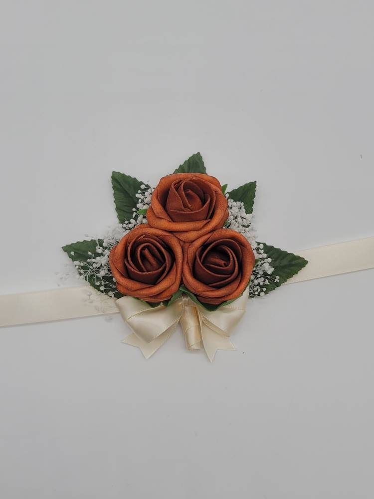 Burnt Orange And ivory Boutonnieres And Corsages, Available In 27 Colors, Corsages Available In Pin On And Wrist,Matching Bouquets Available