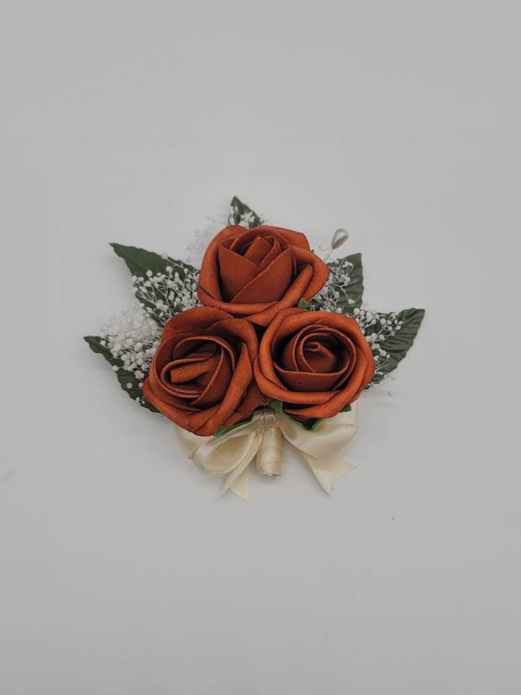 Burnt Orange And ivory Boutonnieres And Corsages, Available In 27 Colors, Corsages Available In Pin On And Wrist,Matching Bouquets Available