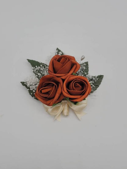 Burnt Orange And ivory Boutonnieres And Corsages, Available In 27 Colors, Corsages Available In Pin On And Wrist,Matching Bouquets Available