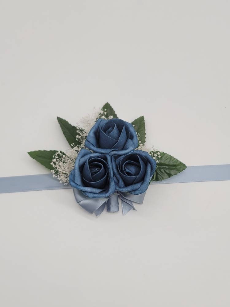 Dark Dusty Blue Boutonnieres And Corsages, Available In 27 Colors, Corsages Available In Pin On And Wrist, Matching Bouquets Available