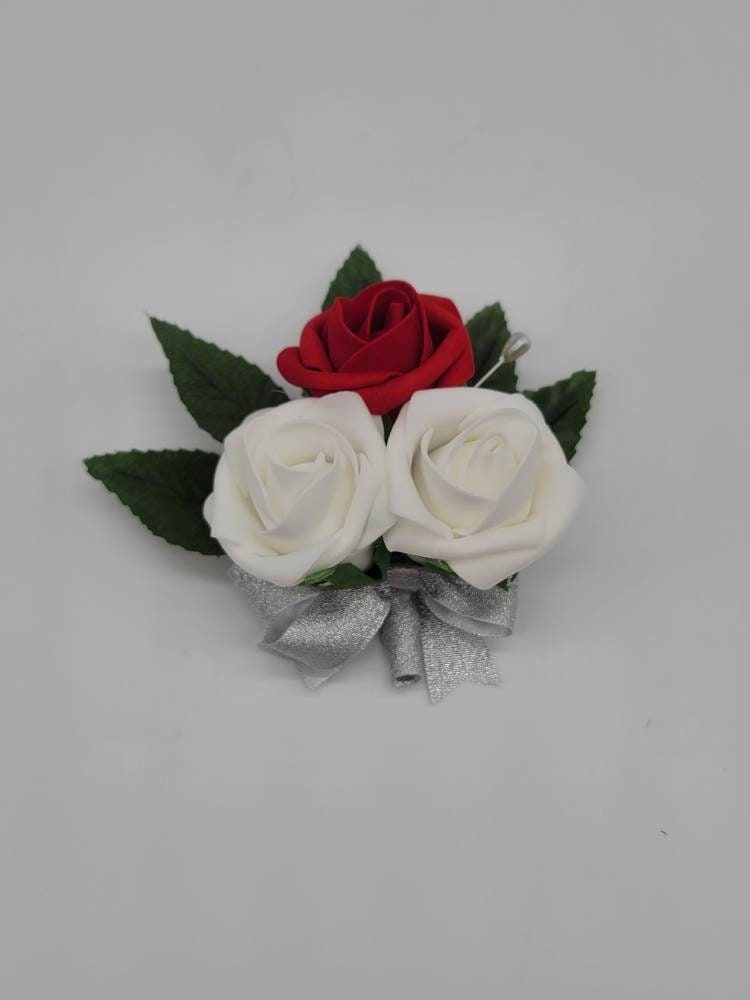 Red,white, and Silver Corsages and Boutonnieres Available In 27 Colors, Corsages Available In Pin On And Wrist, Matching Bouquets Available