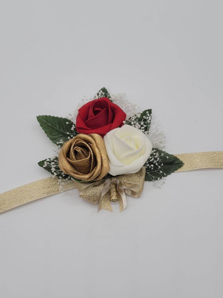 Gold Boutonnieres And Corsages with or without babies breath, Corsages Available In Pin On And Wrist, Custom Colors Available