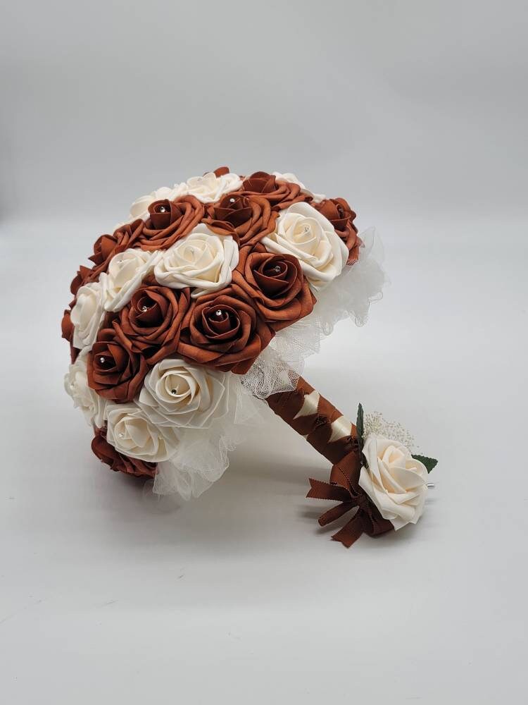 Cream And burnt orange Boutonnieres And Corsages,Available In 27 Colors, Corsages Available In Pin On And Wrist, Matching Bouquets Available