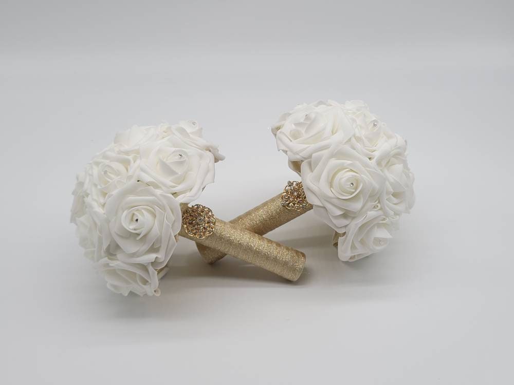 White and Gold Wedding Bouquet Made With Real Touch Roses, Bridal Bouquet, Bridesmaid Bouquet and Matching Boutonnieres and Corsages