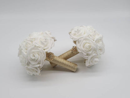 White and Gold Wedding Bouquet Made With Real Touch Roses, Bridal Bouquet, Bridesmaid Bouquet and Matching Boutonnieres and Corsages