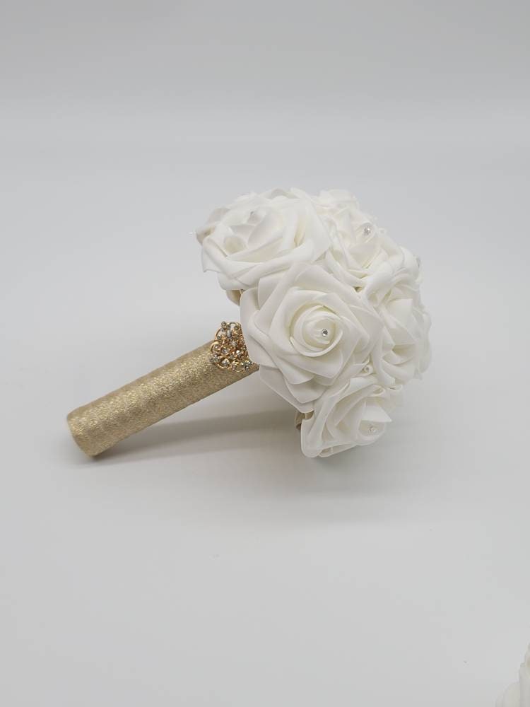 White and Gold Wedding Bouquet Made With Real Touch Roses, Bridal Bouquet, Bridesmaid Bouquet and Matching Boutonnieres and Corsages