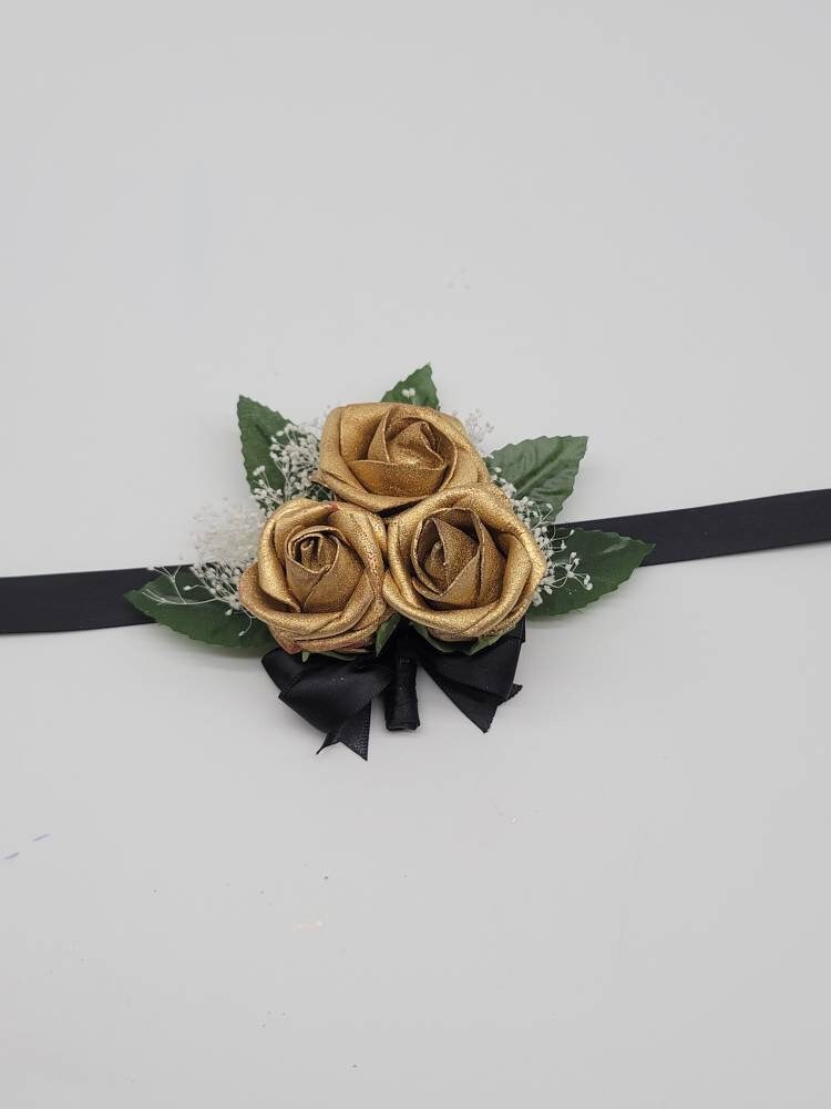 Gold And Black Corsages And Boutonnieres, Available In 27 Colors, Corsages Available In Pin On And Wrist, Matching Bouquets Available