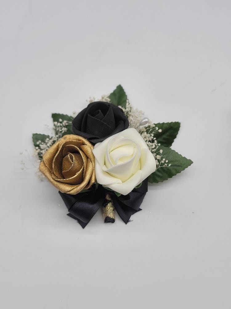 Black And Gold Corsages Boutonnieres,27 Colors Available, Corsages Available In Pin On And Wrist,Matching Bouquets Available