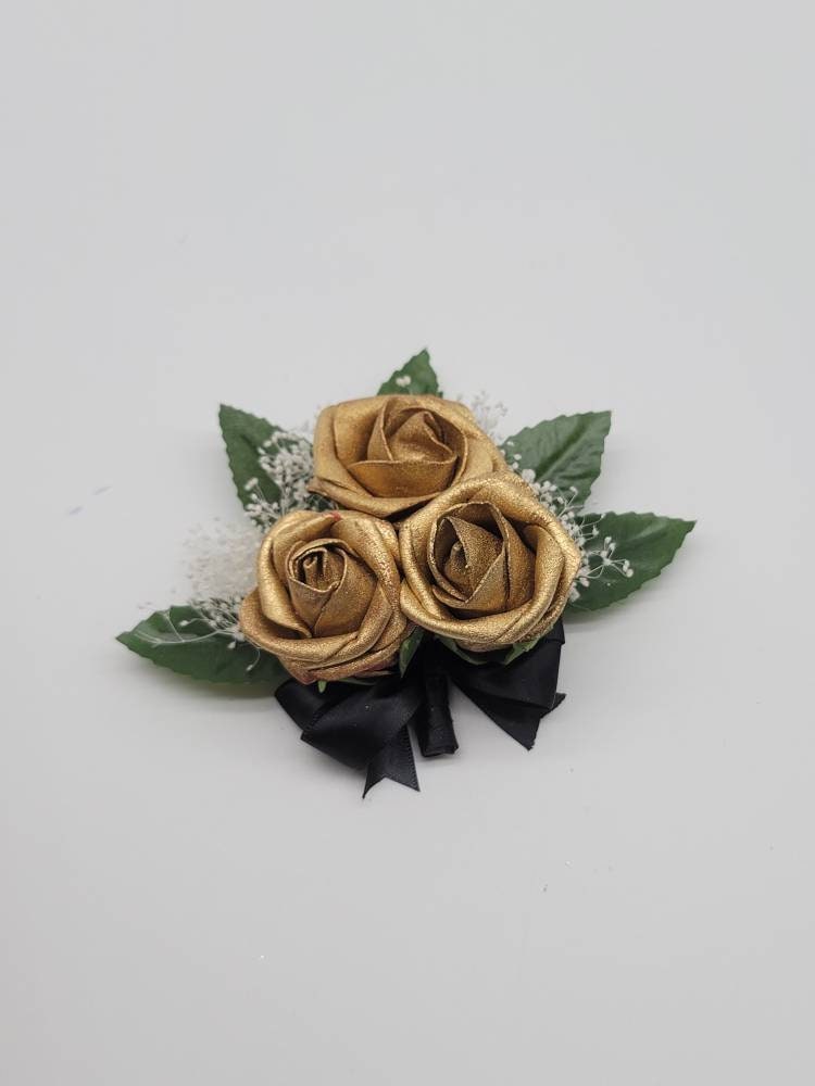 Gold And Black Boutonnieres And Corsages, Corsages Available in Pin on and Wrist, Matching Bouquets Available