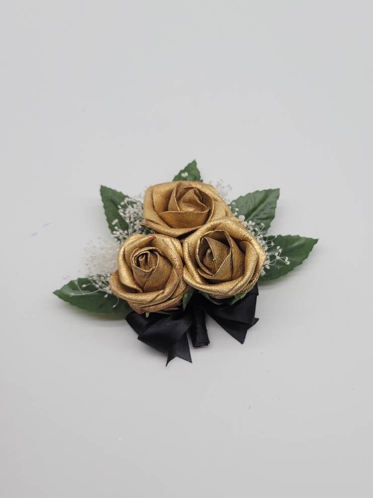 Gold And Black Boutonnieres And Corsages, Corsages Available in Pin on and Wrist, Matching Bouquets Available