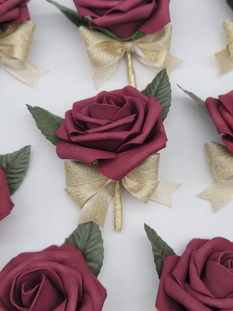 Navy, Burgundy, and Gold Corsages and Boutonnieres ,27 Colors Available, Corsages Available In Pin On And Wrist,Matching Bouquets Available