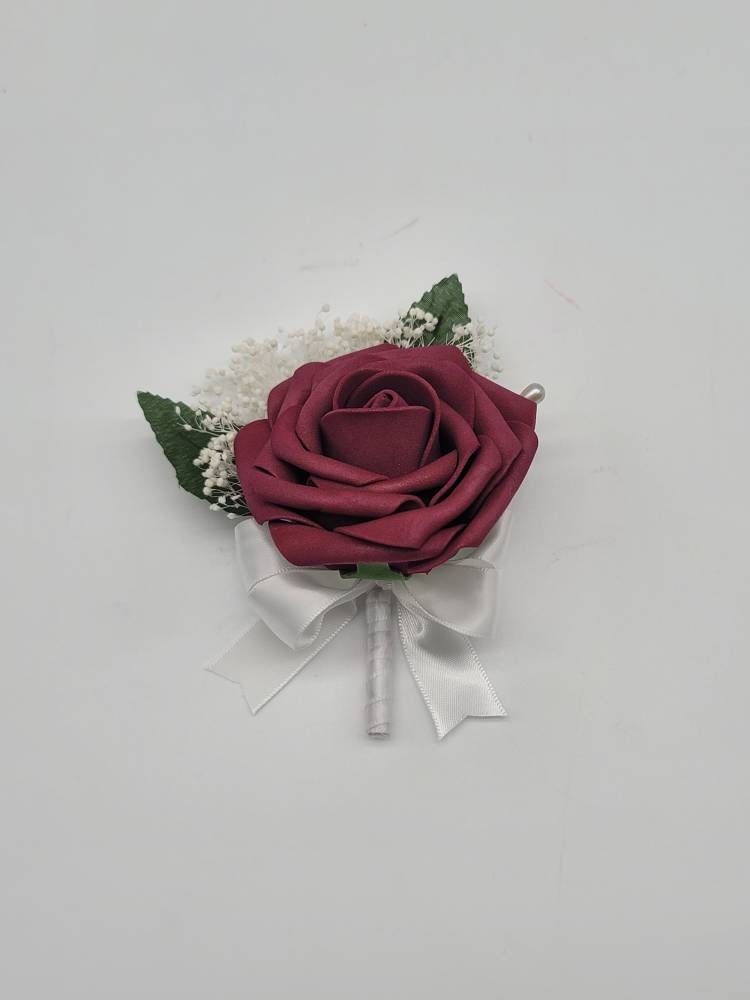 Burgundy And white Boutonnieres And Corsages, Available In 27 Colors, Corsages Available In Pin On And Wrist, Matching Bouquets Available