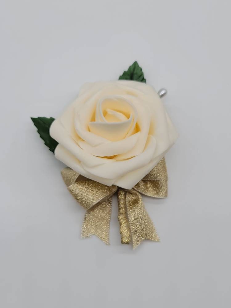 Cream And Gold Boutonnieres And Corsages, Available In 27 Colors, Corsages Available In Pin On And Wrist, Matching Bouquets Available