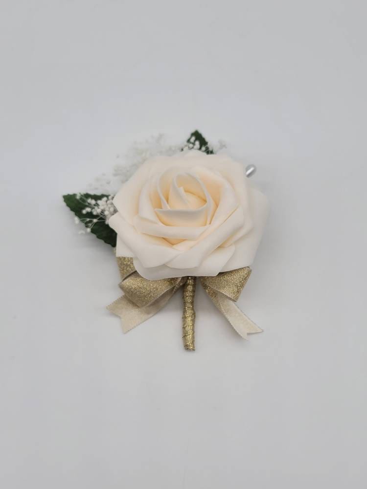Cream And Gold Boutonnieres And Corsages, Available In 27 Colors, Corsages Available In Pin On And Wrist, Matching Bouquets Available