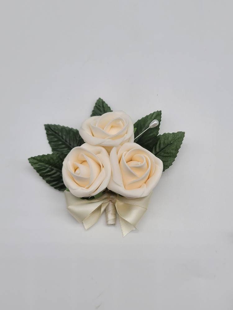 Cream Boutonnieres And Corsages, Available In 27 Colors, Corsages Available In Pin On And Wrist, Matching Bouquets Available