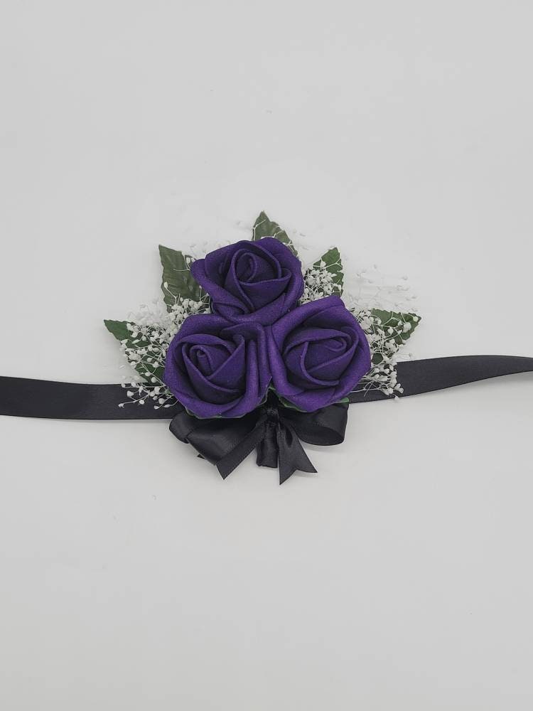 Dark Purple And black Boutonnieres And Corsages, 27 Colors Available, Corsages Available In Pin On And Wrist,Matching Bouquets Available