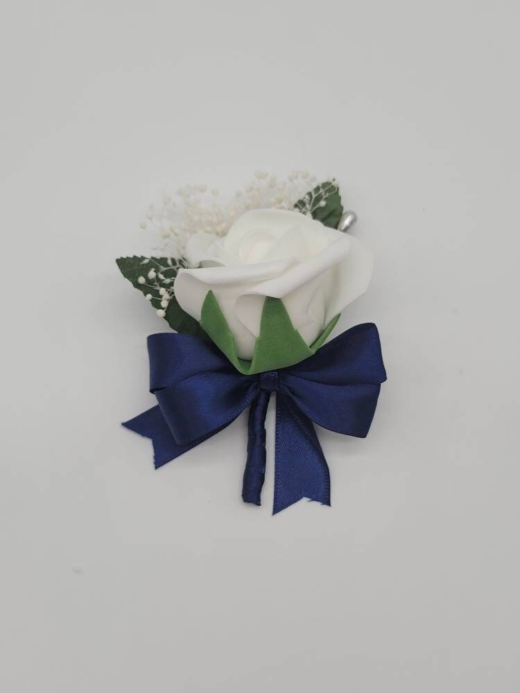 White and navy Boutonnieres And Corsages, Available In 27 Colors, Corsages Available In Pin On And Wrist, Matching Bouquets Available