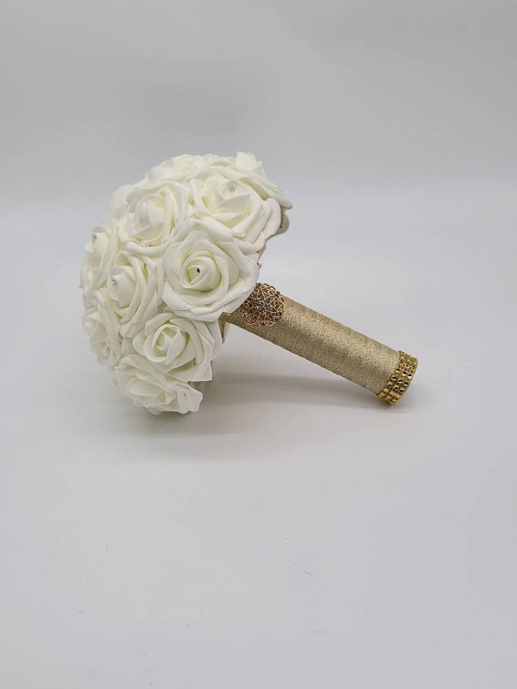 Ivory and Gold Wedding Bouquet Made With Real Touch Roses, Bridal Bouquet, Bridesmaid Bouquet and Matching Boutonnieres and Corsages