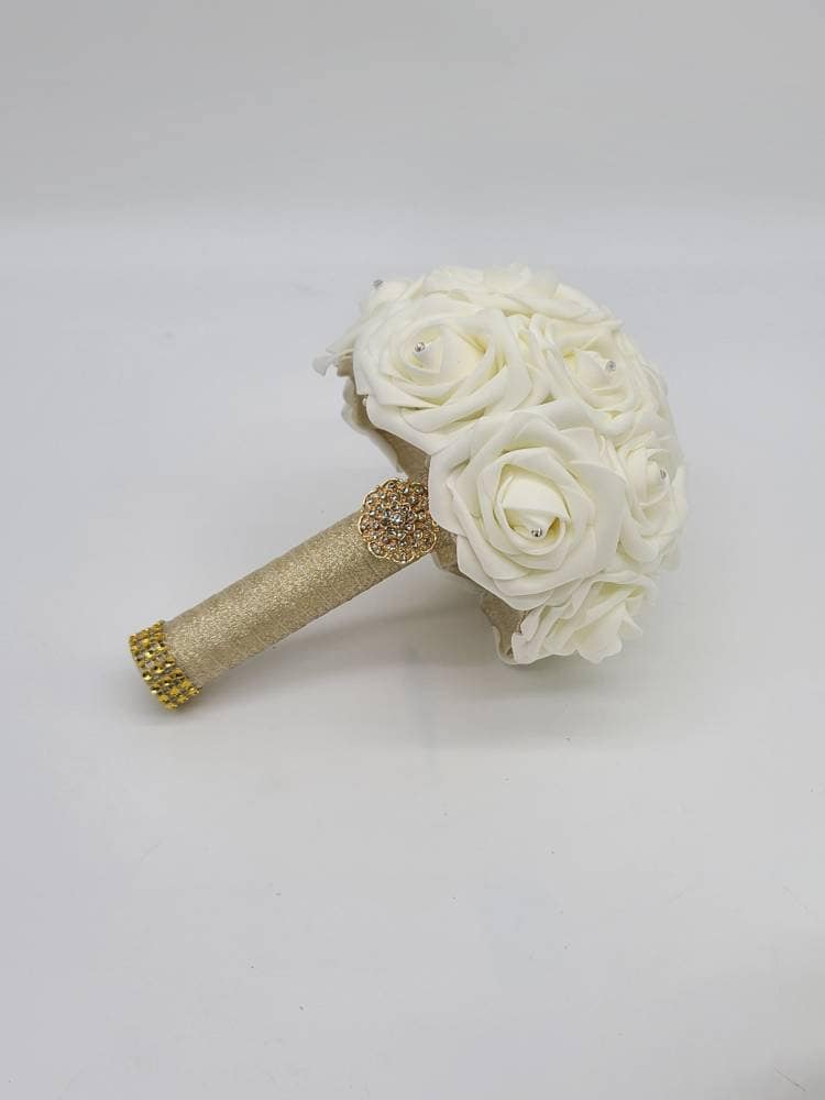 Ivory and Gold Wedding Bouquet Made With Real Touch Roses, Bridal Bouquet, Bridesmaid Bouquet and Matching Boutonnieres and Corsages