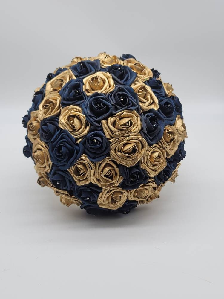 Gold and Navy Wedding Bouquet Made With Real Touch Roses, Bridal Bouquet, Bridesmaid Bouquet and Matching Boutonniere and Corsages Available