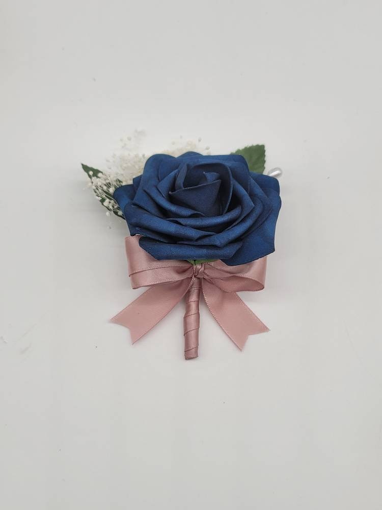 Navy and mauve Boutonnieres And Corsages, Available In 27 Colors, Corsages Available In Pin On And Wrist, Matching Bouquets Available