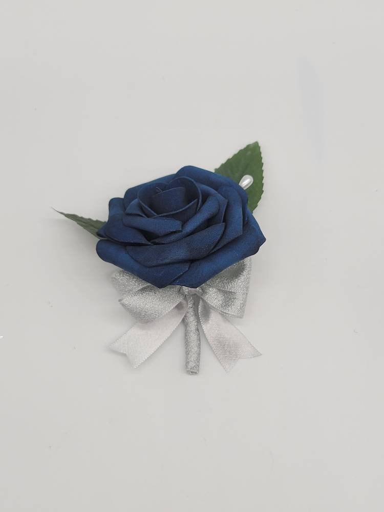 Navy and silver Boutonnieres And Corsages, Available In 27 Colors, Corsages Available In Pin On And Wrist, Matching Bouquets Available