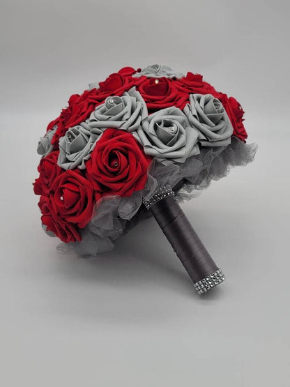 Red and Gray Boutonnieres and Corsages Made with Real Touch Roses