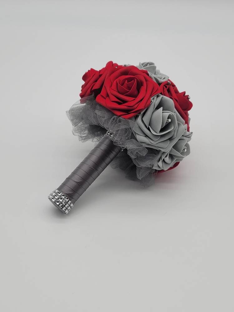 Red and Gray Boutonnieres and Corsages Made with Real Touch Roses