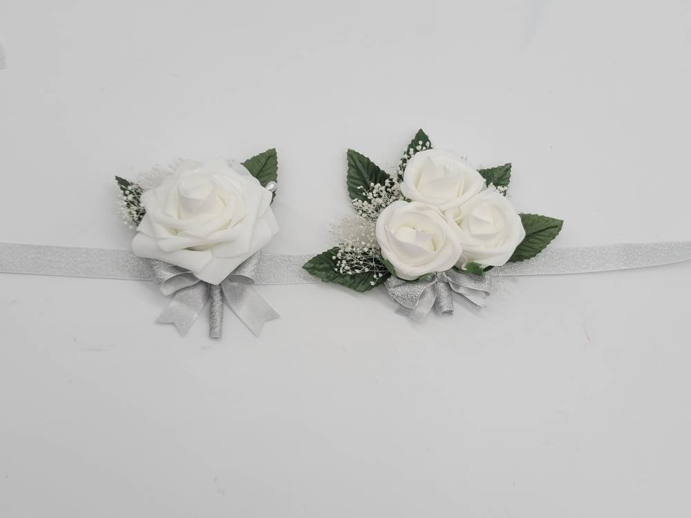 White And silver Boutonnieres And Corsages, Available In 27 Colors, Corsages Available In Pin On And Wrist, Matching Bouquets Available