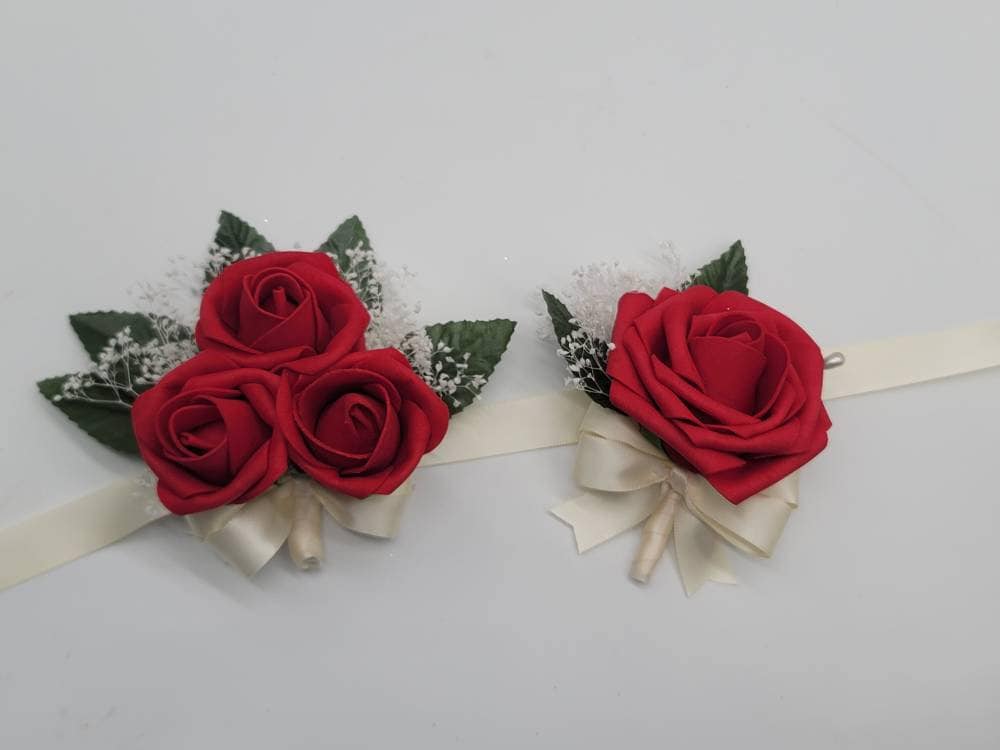 Red and White Boutonnieres and Corsages with or without Baby's Breath