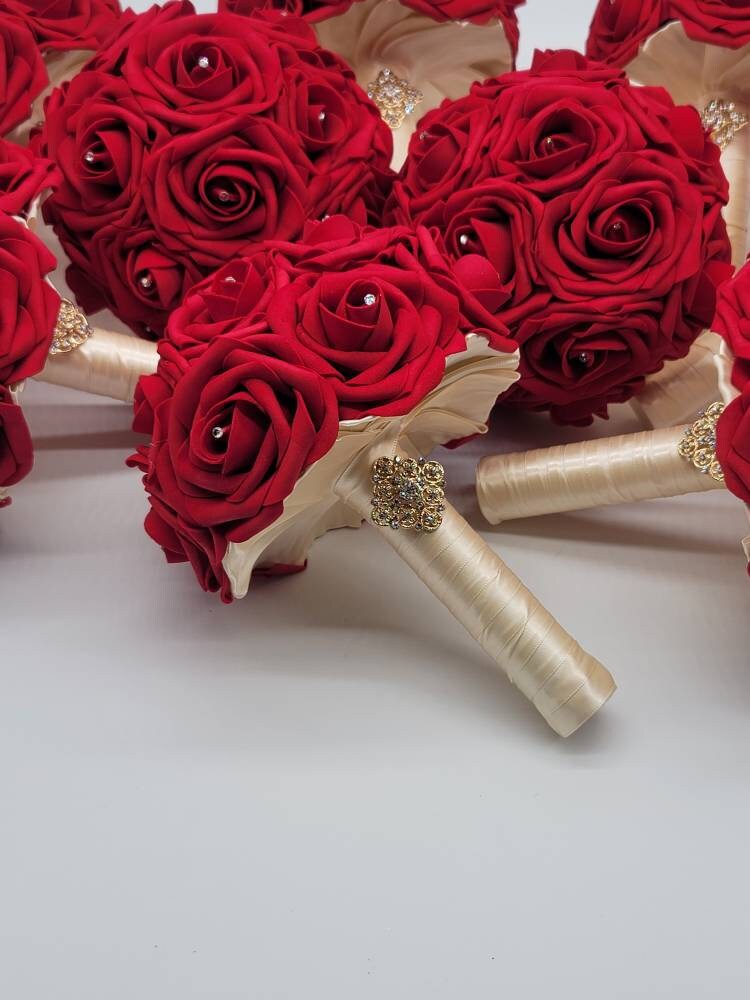 Red Wrist Corsage with Baby's Breath and Ivory Ribbon