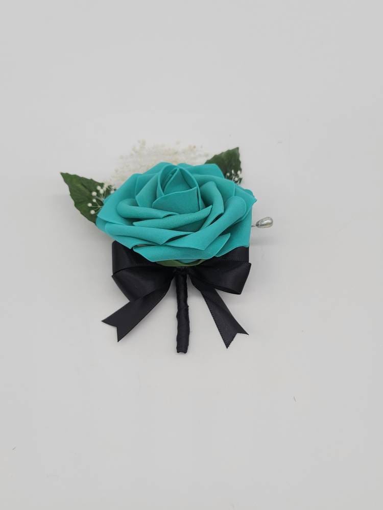 Teal And black Boutonnieres And Corsages, Available In 27 Colors, Corsages Available In Pin On And Wrist, Matching Bouquets Available