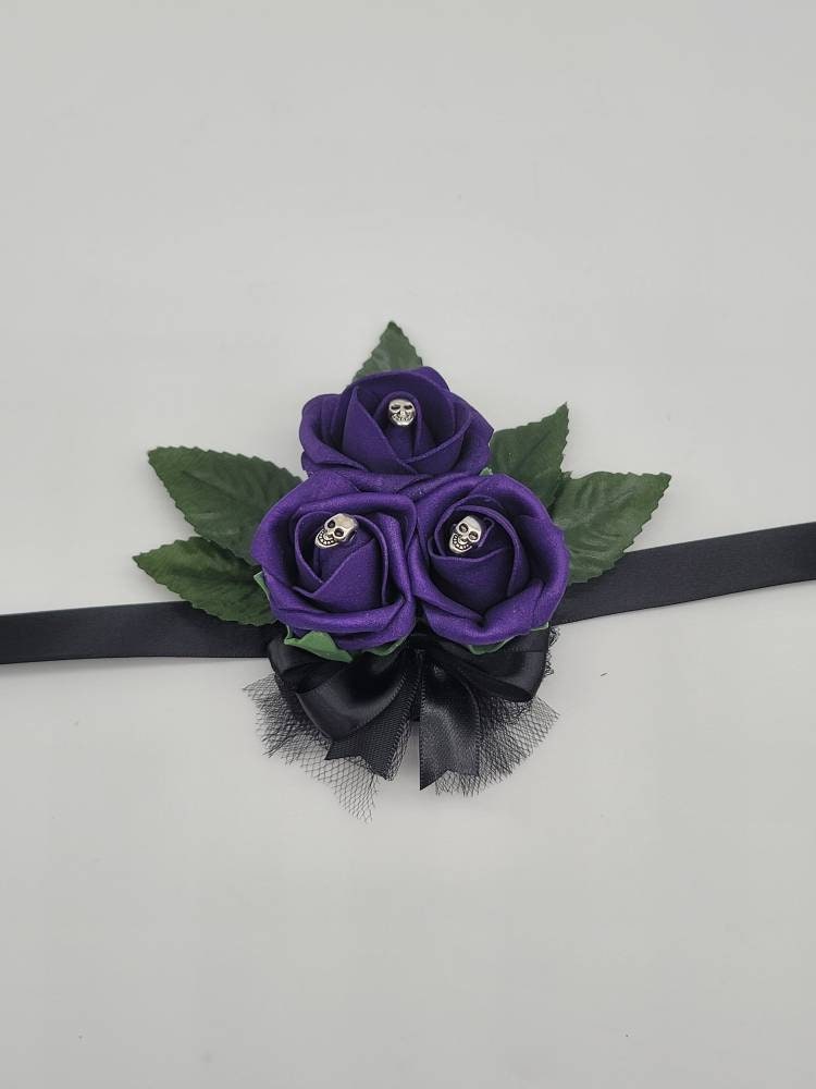 Gothic Skull Purple And Black Boutonnieres and Corsages Available In Pin On And Wrist, Matching Bouquets Available