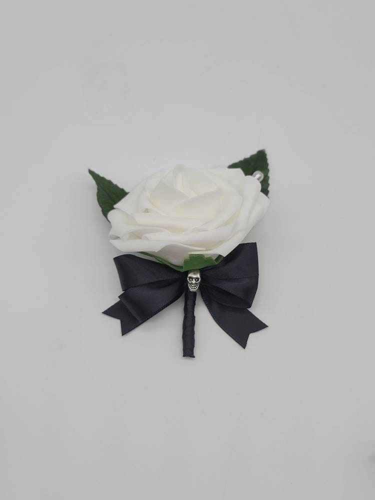 Gothic Skull White and Black Boutonnieres and Corsages, Corsages are Available in Pin on Or Wrist, Matching Bouquets Available