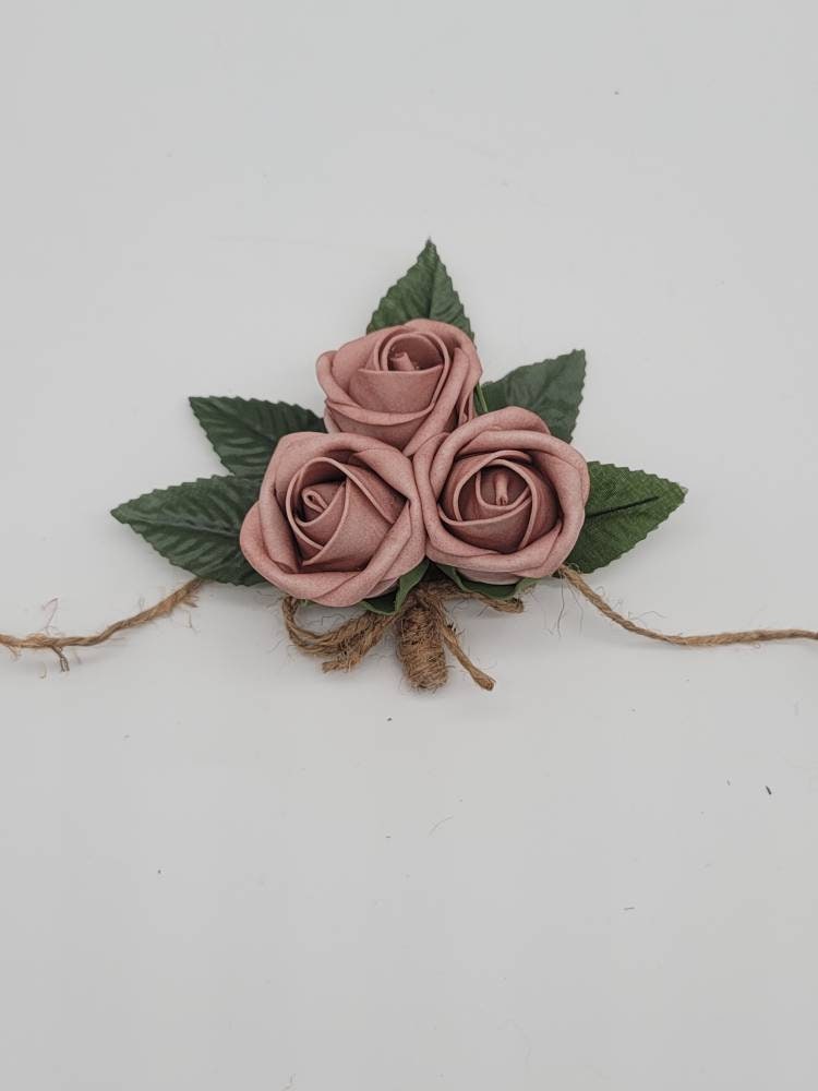 Dusty rose And burlap Boutonnieres And Corsages, Available In 27 Colors, Corsages Available In Pin On And Wrist, Matching Bouquets Available