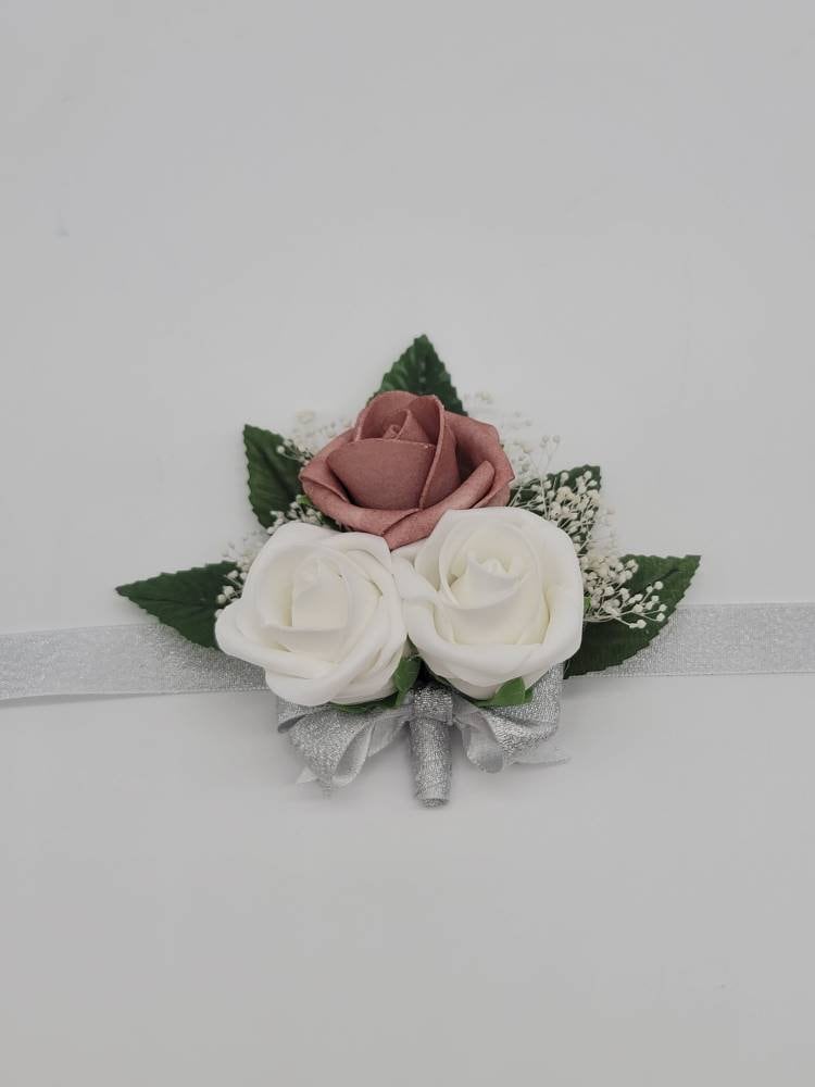 Dusty rose And silver Boutonnieres And Corsages, Available In 27 Colors, Corsages Available In Pin On And Wrist, Matching Bouquets Available