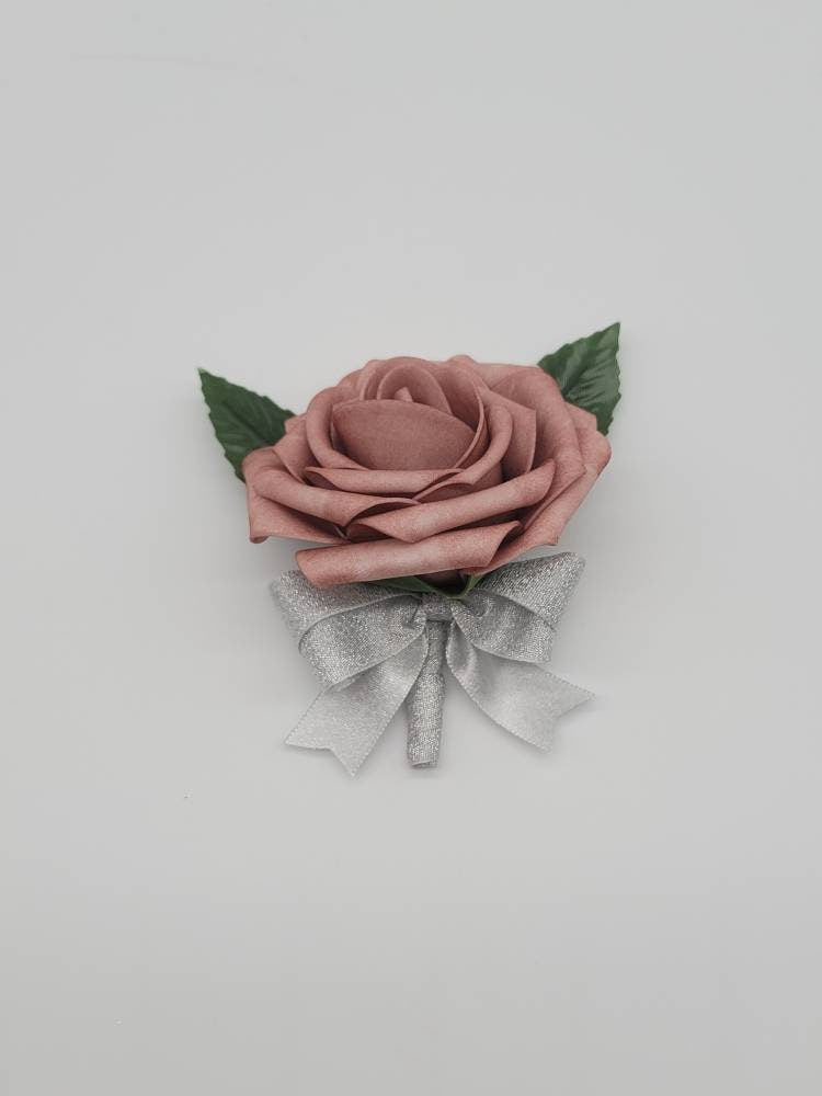Dusty rose And white Boutonnieres And Corsages, Available In 27 Colors, Corsages Available In Pin On And Wrist, Matching Bouquets Available
