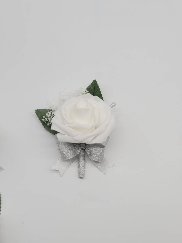 White And silver Boutonnieres And Corsages, Available In 27 Colors, Corsages Available In Pin On And Wrist, Matching Bouquets Available
