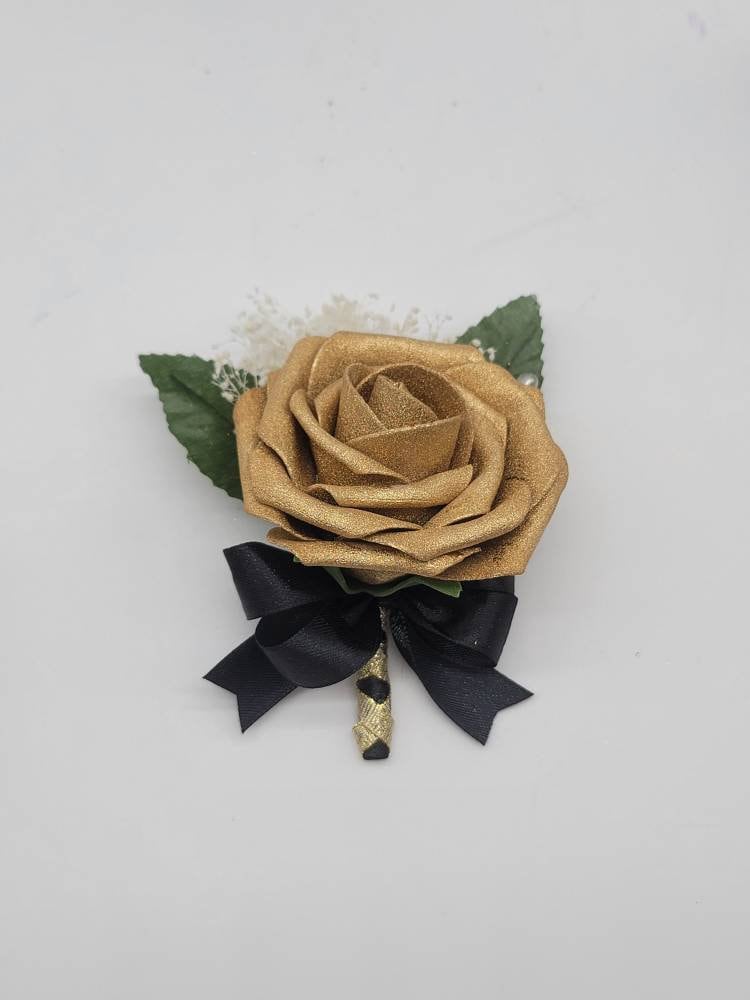 Black And Gold Corsages Boutonnieres,27 Colors Available, Corsages Available In Pin On And Wrist,Matching Bouquets Available