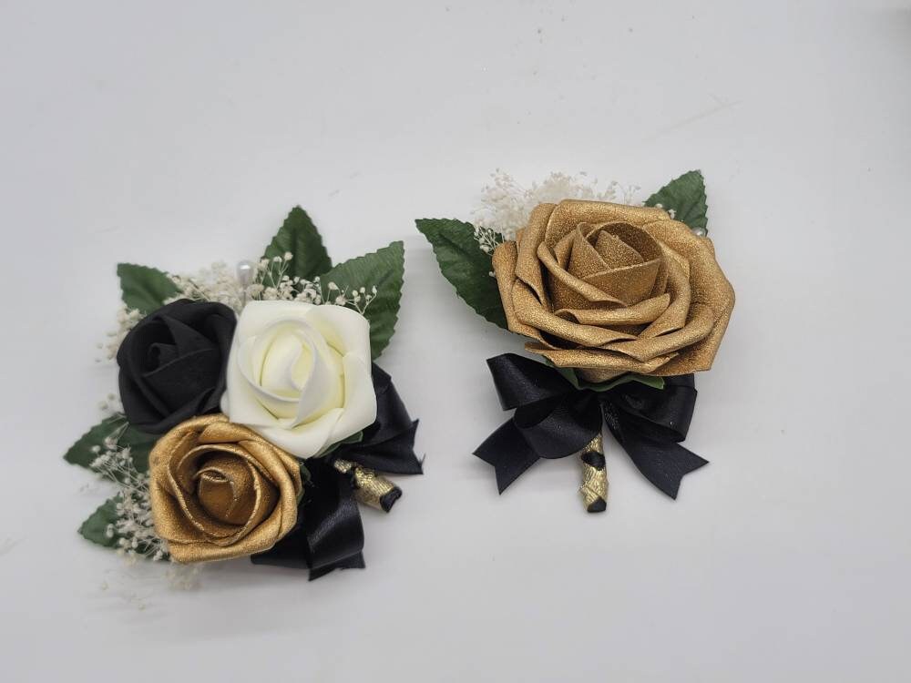 Black And Gold Corsages Boutonnieres,27 Colors Available, Corsages Available In Pin On And Wrist,Matching Bouquets Available