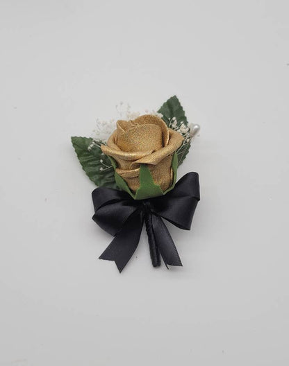 Gold And Black Boutonnieres And Corsages with or without Babies Breath, Corsages Available In Pin On And Wrist, Custom Colors Available