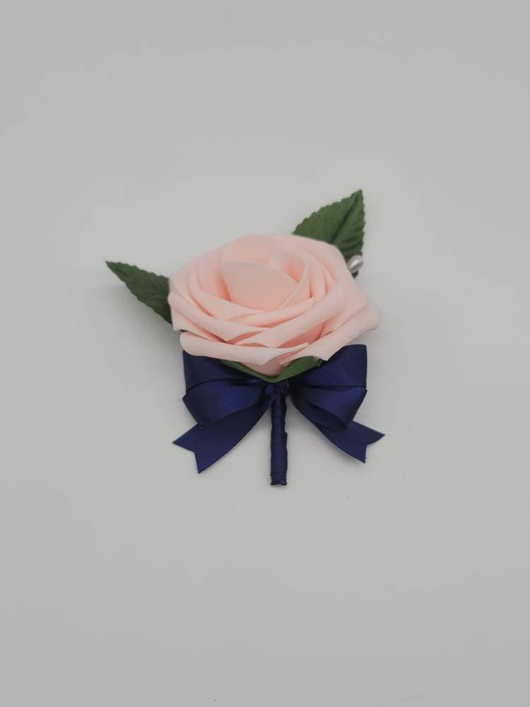 Blush and navy Boutonnieres And Corsages, Available In 27 Colors, Corsages Available In Pin On And Wrist, Matching Bouquets Available