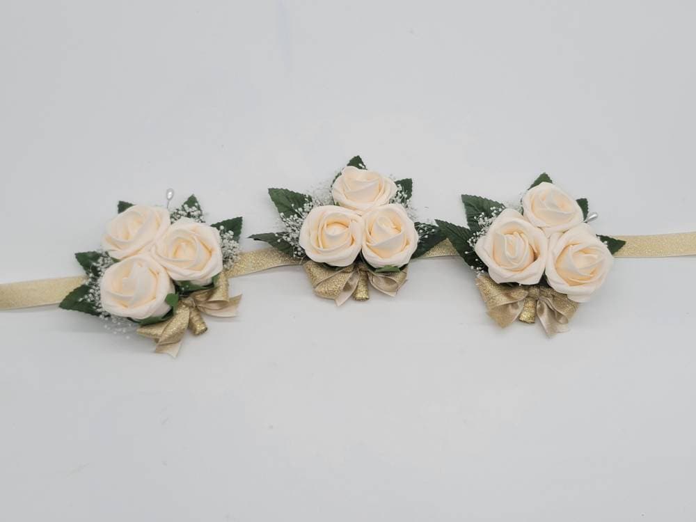 Cream And Gold Boutonnieres And Corsages, Available In 27 Colors, Corsages Available In Pin On And Wrist, Matching Bouquets Available