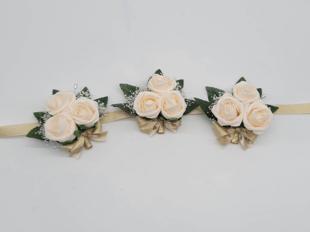 Cream And Gold Boutonnieres And Corsages, Available In 27 Colors, Corsages Available In Pin On And Wrist, Matching Bouquets Available