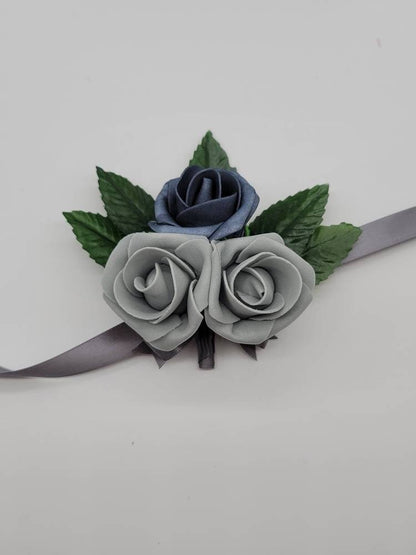 Dark Dusty Blue Boutonnieres And Corsages, Available In 27 Colors, Corsages Available In Pin On And Wrist, Matching Bouquets Available